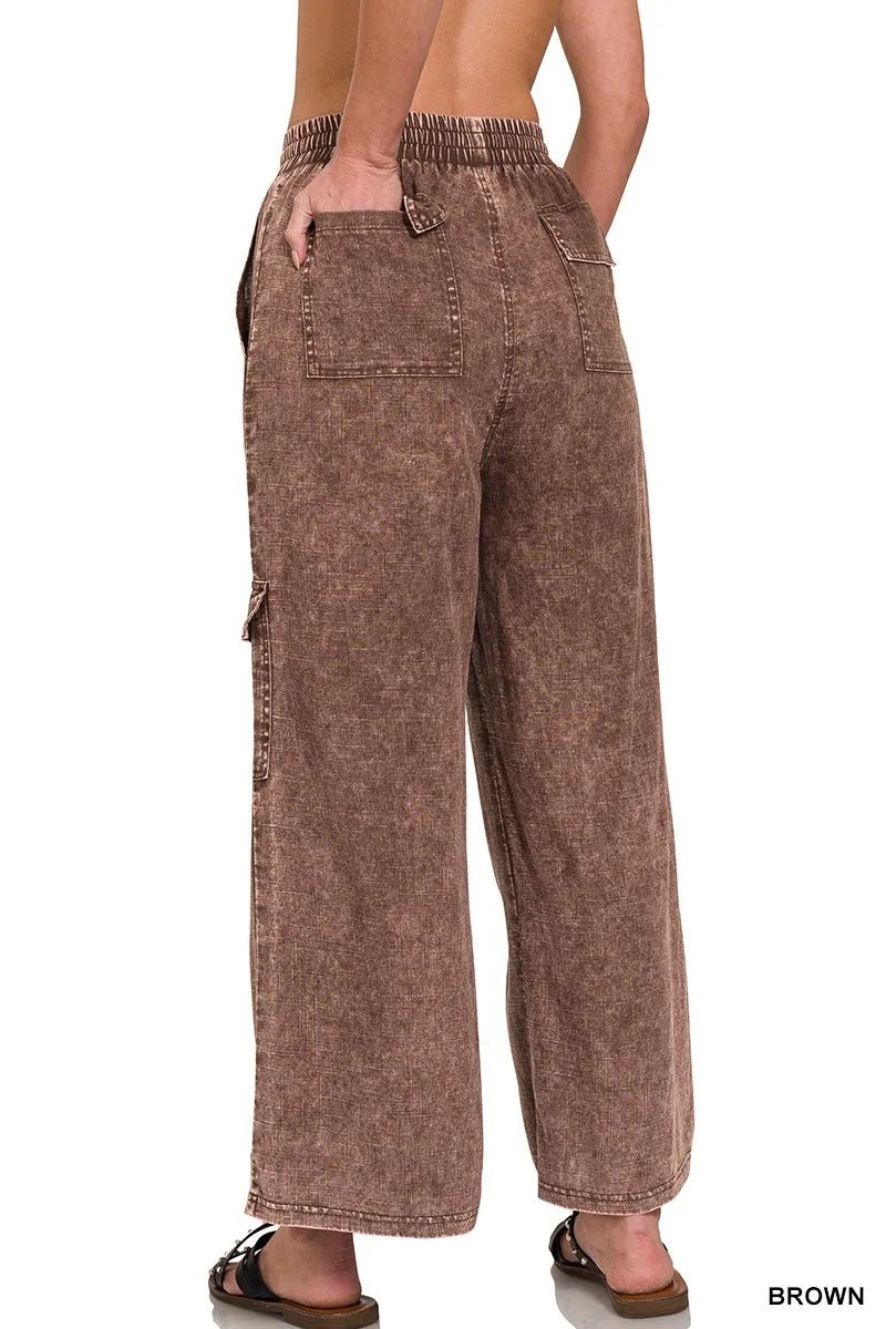Zenana Washed Linen Elastic Band Waist Cargo Pants for Comfort - Love Salve