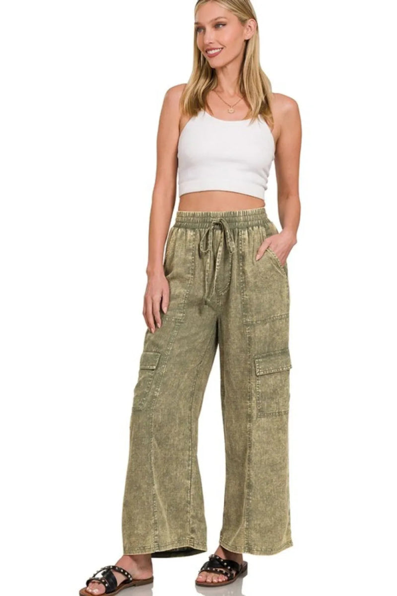 Zenana Washed Linen Elastic Band Waist Cargo Pants for Style - Love Salve