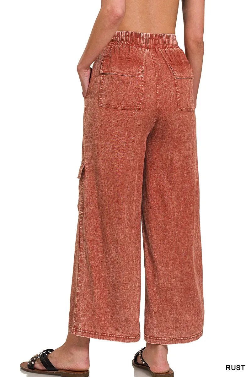 Zenana Washed Linen Elastic Band Waist Cargo Pants for Women - Love Salve