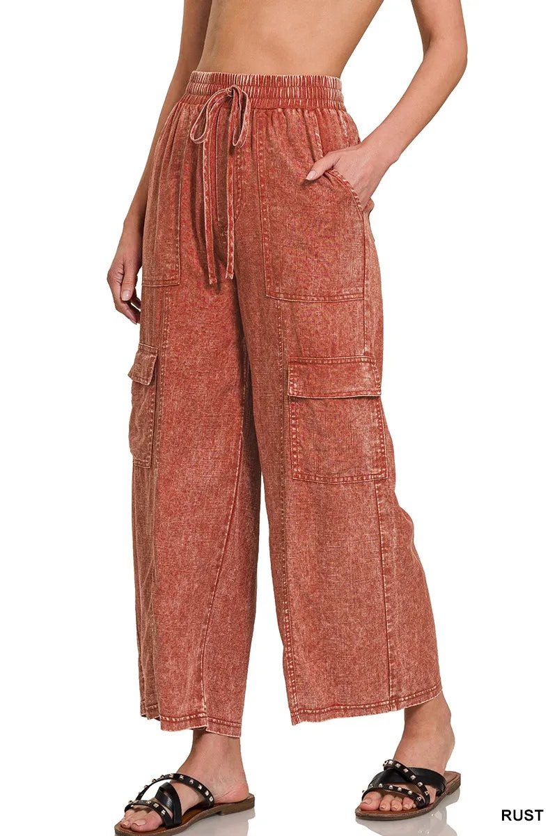 Zenana Washed Linen Elastic Band Waist Cargo Pants for Women - Love Salve
