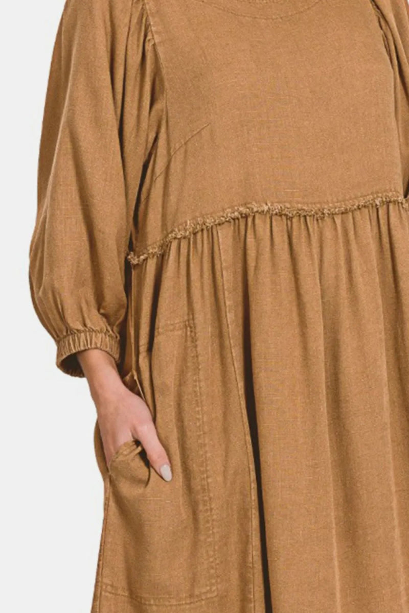 Zenana Washed Linen Pleated Puff Sleeve Babydoll Dress - Love Salve