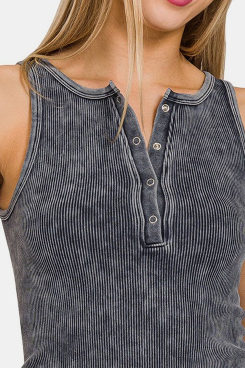 Zenana Washed Ribbed Half Snap Seamless Tank for Women - Love Salve