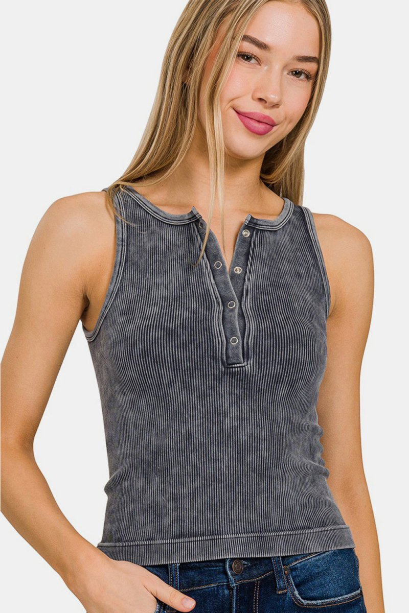 Zenana Washed Ribbed Half Snap Seamless Tank for Women - Love Salve