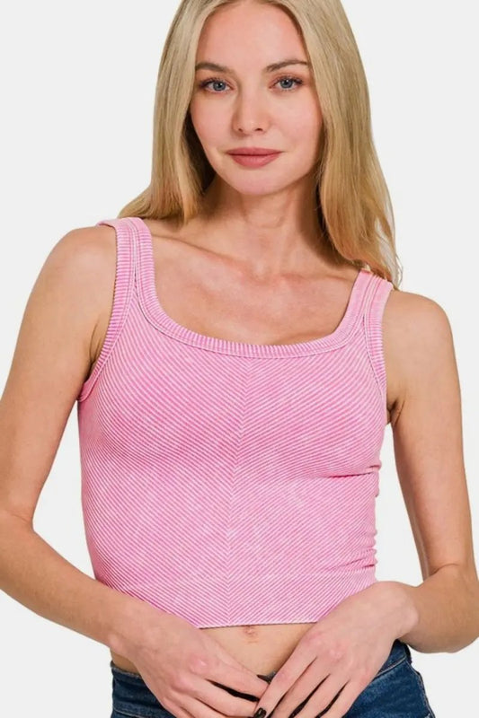 Zenana Washed Ribbed Scoop Neck Wide Strap Tank Top - Love Salve