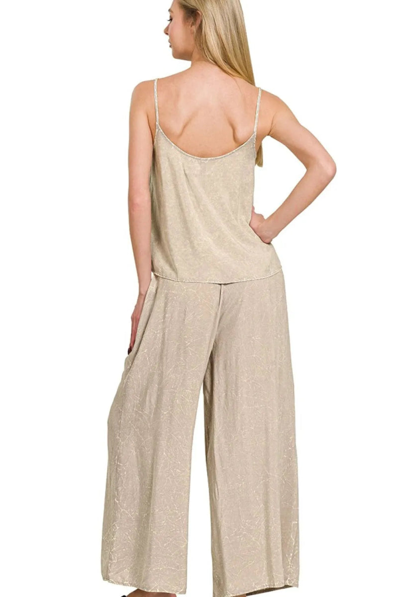 Zenana Woven Acid Crinkle Washed Cami & Pants 2 Piece Set - Love Salve