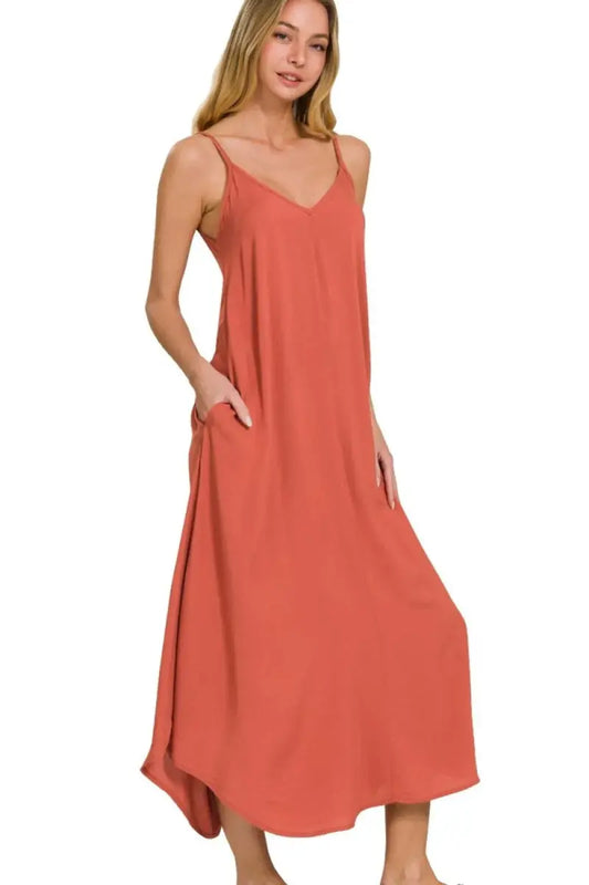 Zenana Woven Arc Hem Cami Midi Dress With Flowy Pockets - Love Salve