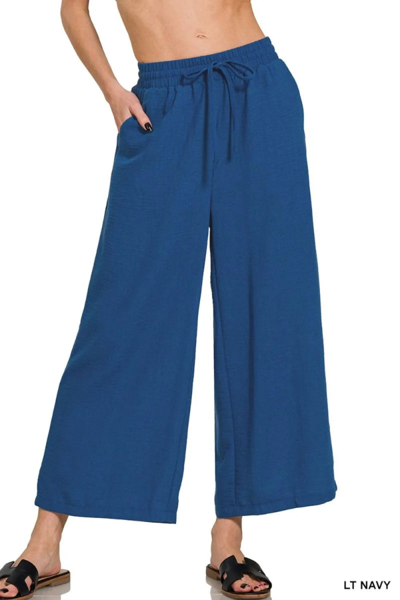 Zenana Woven Crepe Elastic Band Waist Cropped Pants for Women - Love Salve