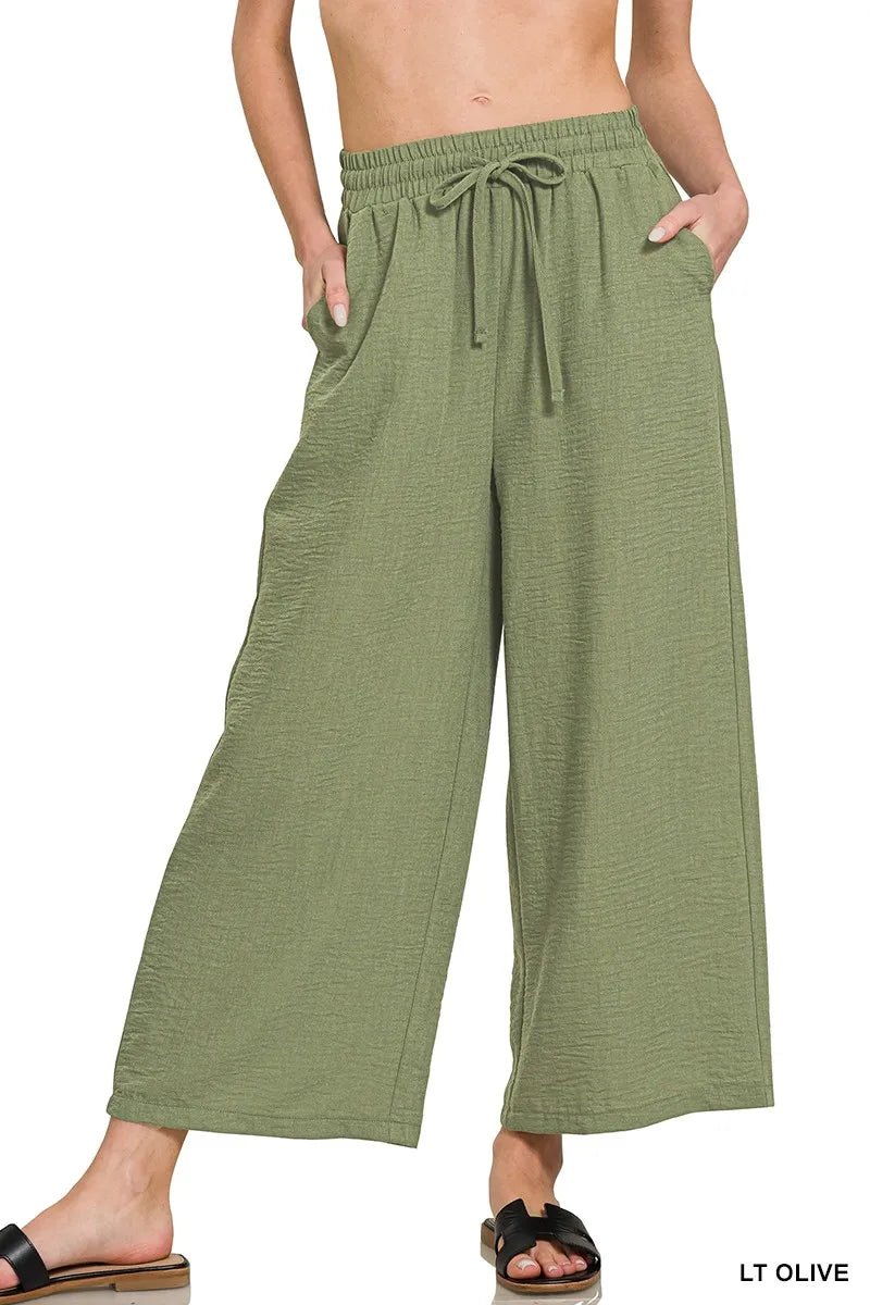 Zenana Woven Crepe Elastic Band Waist Cropped Pants for Women - Love Salve
