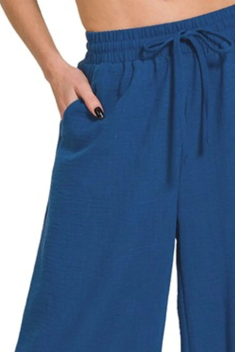 Zenana Woven Crepe Elastic Band Waist Cropped Pants for Women - Love Salve