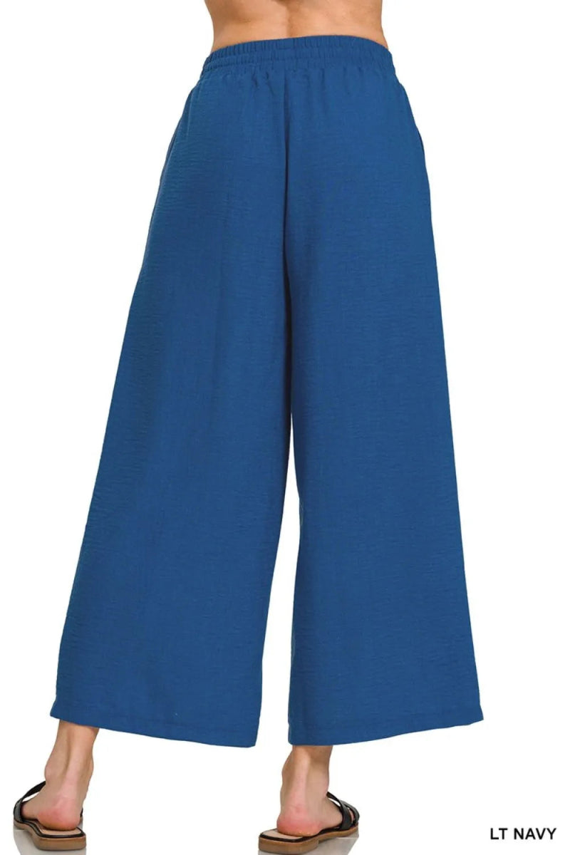Zenana Woven Crepe Elastic Band Waist Cropped Pants for Women - Love Salve