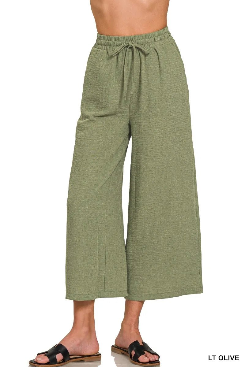 Zenana Woven Crepe Elastic Band Waist Cropped Pants for Women - Love Salve