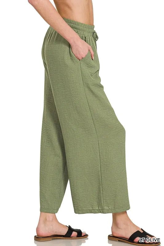 Zenana Woven Crepe Elastic Band Waist Cropped Pants for Women - Love Salve