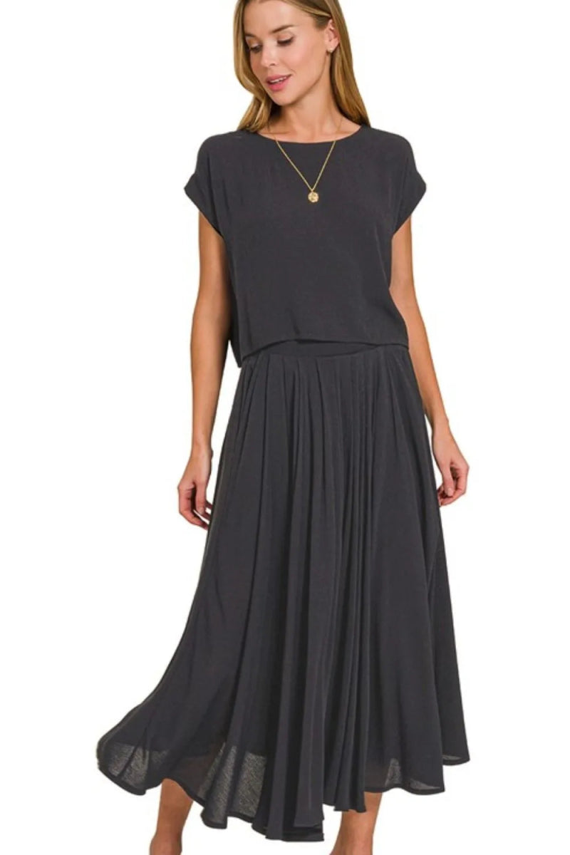 Zenana Woven Crinkle Gauze Crop Tee and Skirt Set - Love Salve