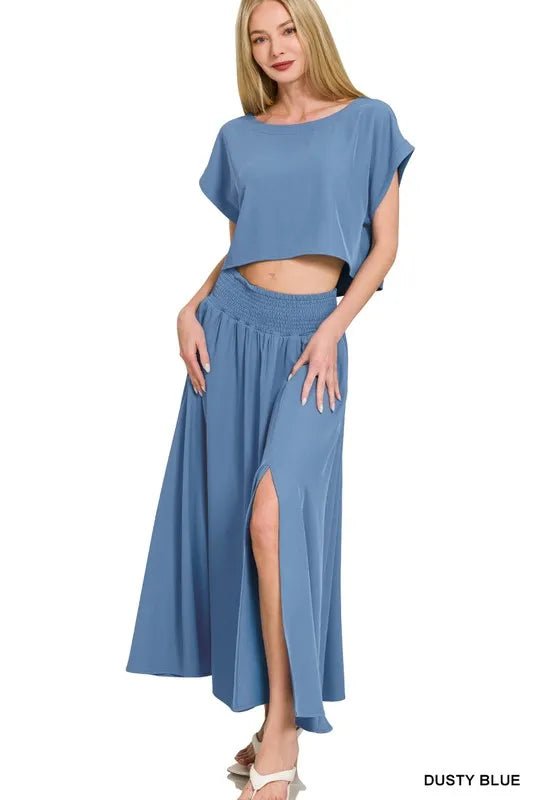 Zenana Woven Crinkle Gauze Crop Tee and Skirt Set - Love Salve