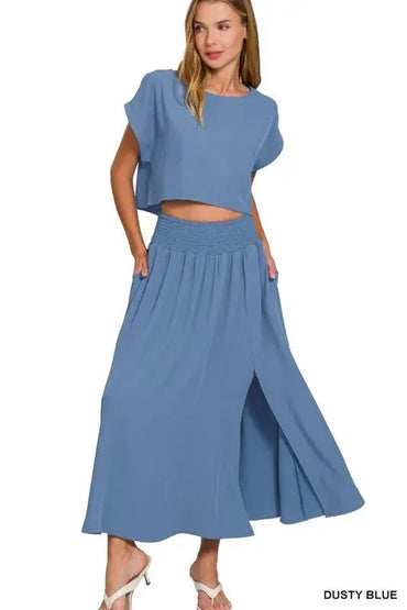 Zenana Woven Crinkle Gauze Crop Tee and Skirt Set - Love Salve