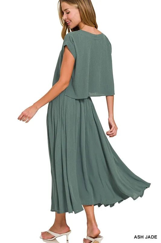 Zenana Woven Crinkle Gauze Crop Tee and Skirt Set - Love Salve
