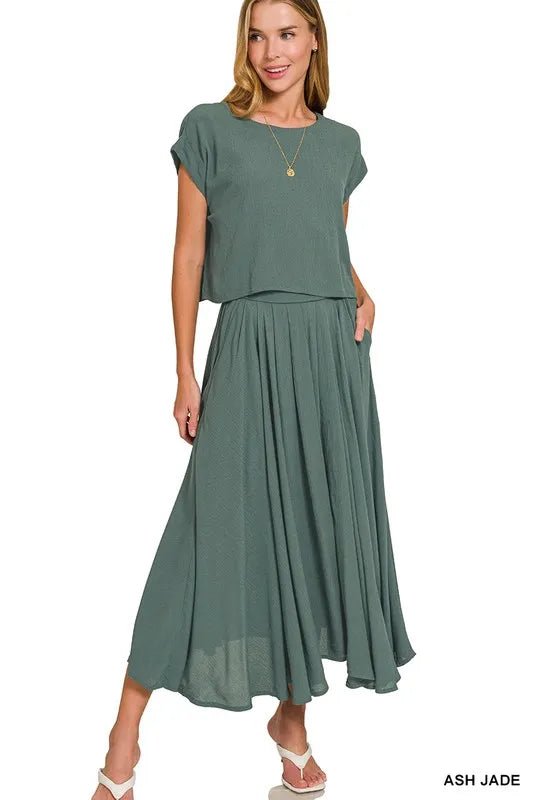 Zenana Woven Crinkle Gauze Crop Tee and Skirt Set - Love Salve
