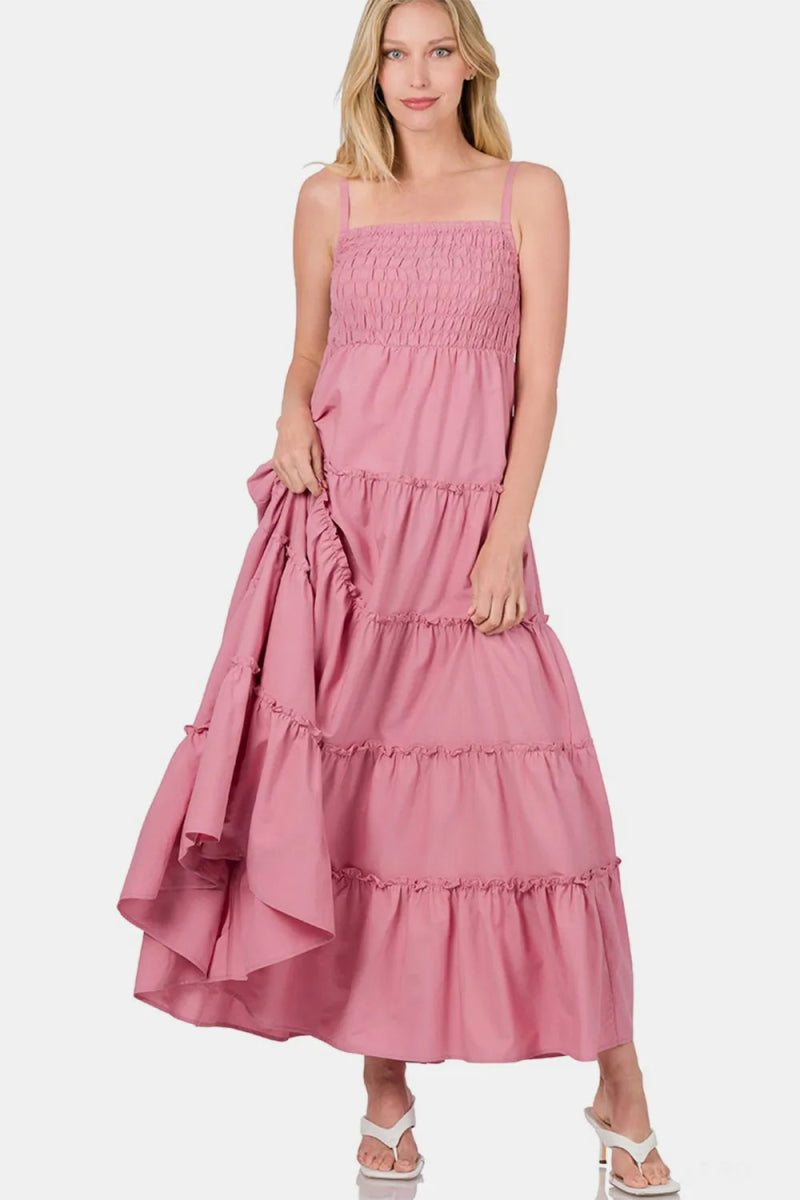 Zenana Woven Smocked Tiered Cami Maxi Dress for Women - Love Salve