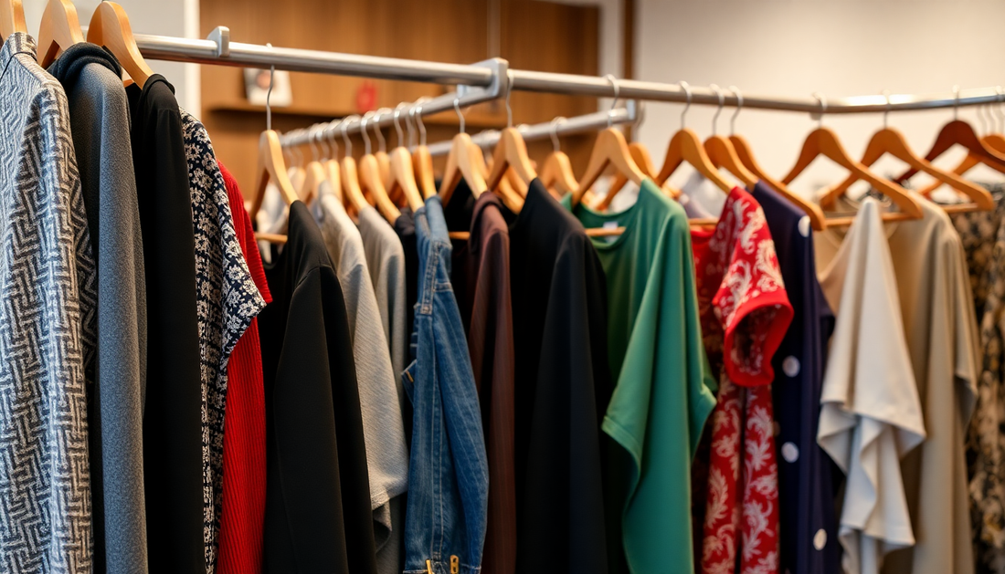 Clothing rack displaying a variety of colorful Heartstrings Clothing outfits.