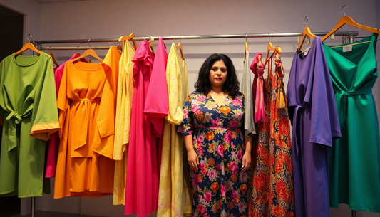 Plus-size woman in floral dress among vibrant Flying Tomato styles on a clothing rack.