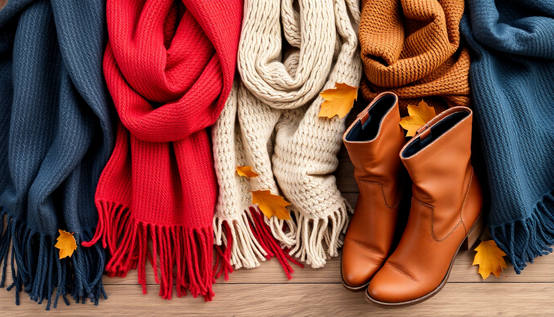 Fall 2023 plus size fashion trends featuring colorful scarves, cozy textures, and stylish leather boots.