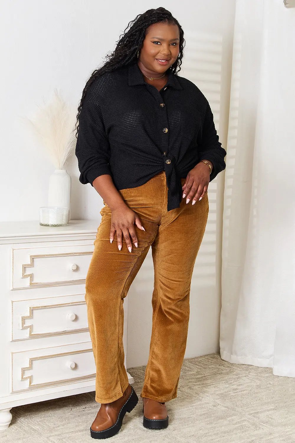 Double Take Waffle-Knit Collared Neck Dropped Shoulder Shirt - Love Salve