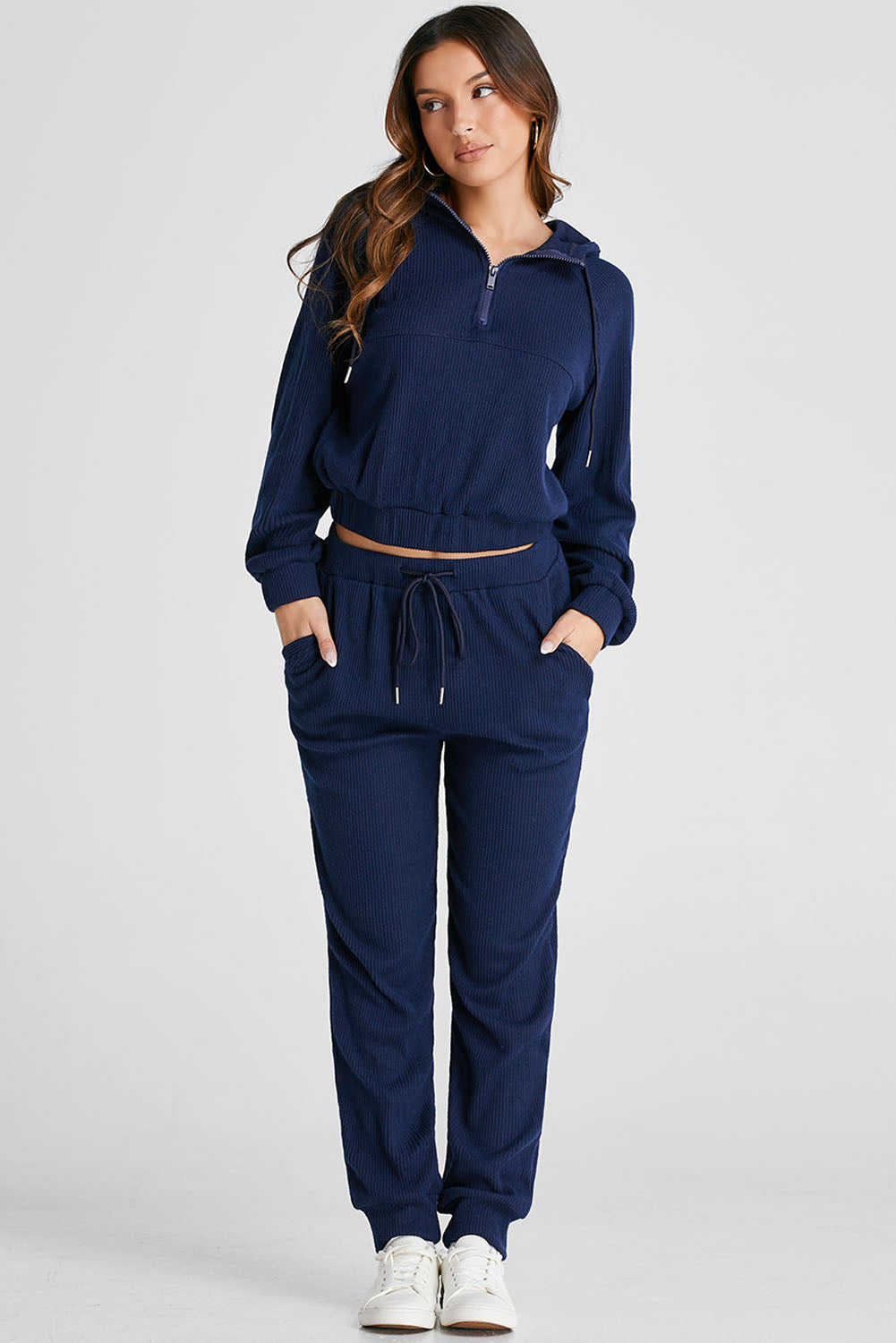 Chic navy blue ribbed knit cropped hoodie and jogger set