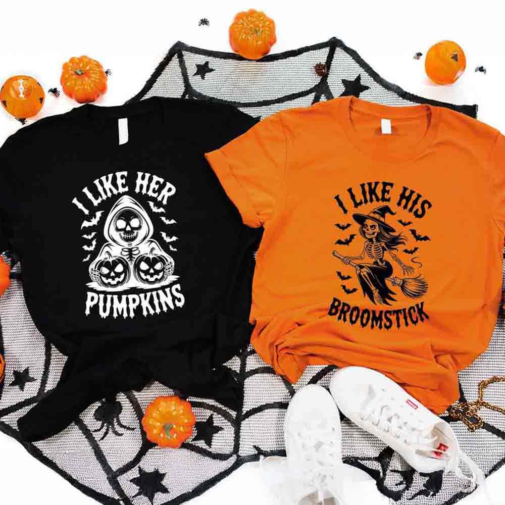 I Like Her Pumpkins & His Broomstick Shirts | Funny Matching Halloween Couple T-Shirts Adorb.co