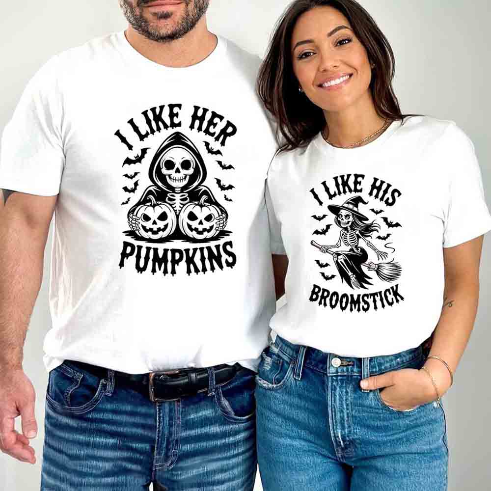 I Like Her Pumpkins & His Broomstick Shirts | Funny Matching Halloween Couple T-Shirts Adorb.co