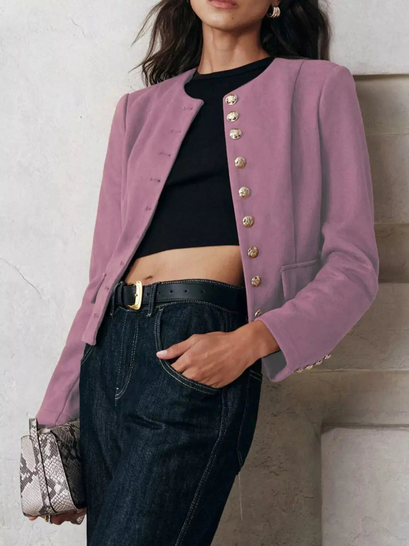 Round Neck Button Up Blazer Simply Love