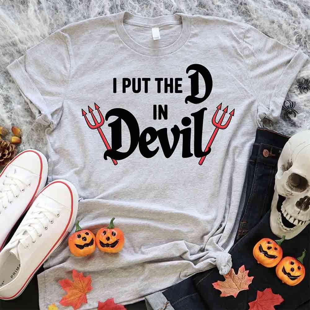 The official size chart for Adorb.co's "I Put the D in Devil" t-shirts, showing measurements for a comfortable fit.