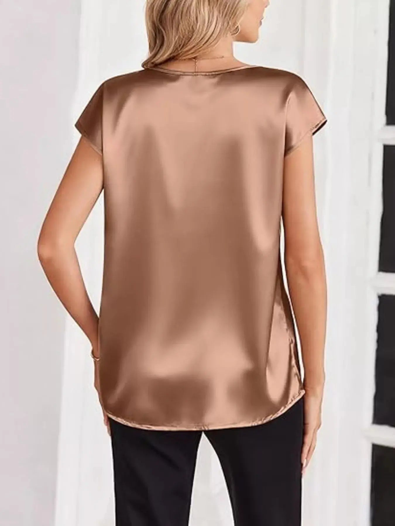 Satin V-Neck Short Sleeve Blouse Simply Love