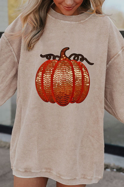 Sequin Pumpkin Round Neck Long Sleeve Sweatshirt.