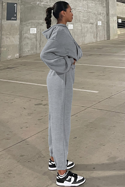 Cozy gray hoodie and joggers set for active adventures