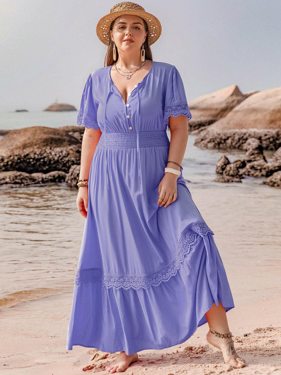 Plus Size Lace Detail Tie Neck Short Sleeve Maxi DressPlus Size Lace Detail Tie Neck Short Sleeve Maxi Dress
 Indulge in elegance with our Plus Size Lace Detail Tie Neck Short Sleeve Maxi Dress. Perfect for any special Love Salve Size Lace Detail Tie Neck Short Sleeve Maxi DressMaxi Dresses