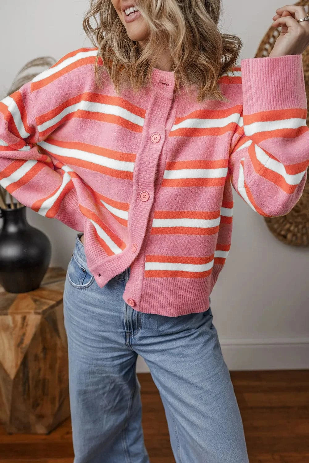 Striped Button Up Long Sleeve Cardigan.