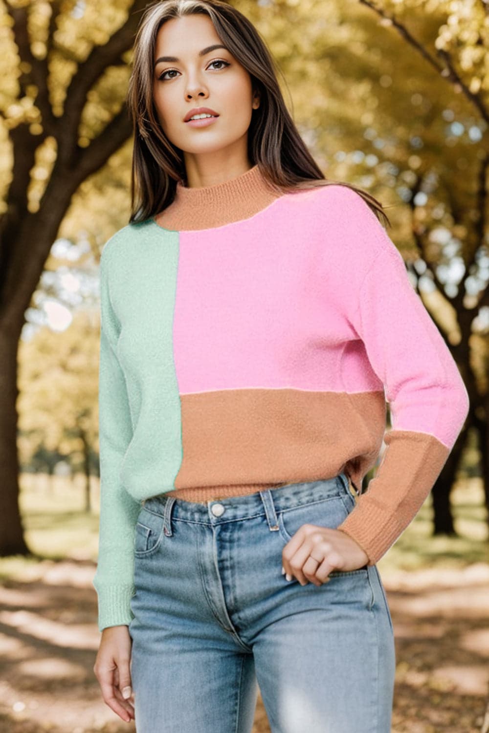 Color Block Mock Neck Dropped Shoulder Sweater.