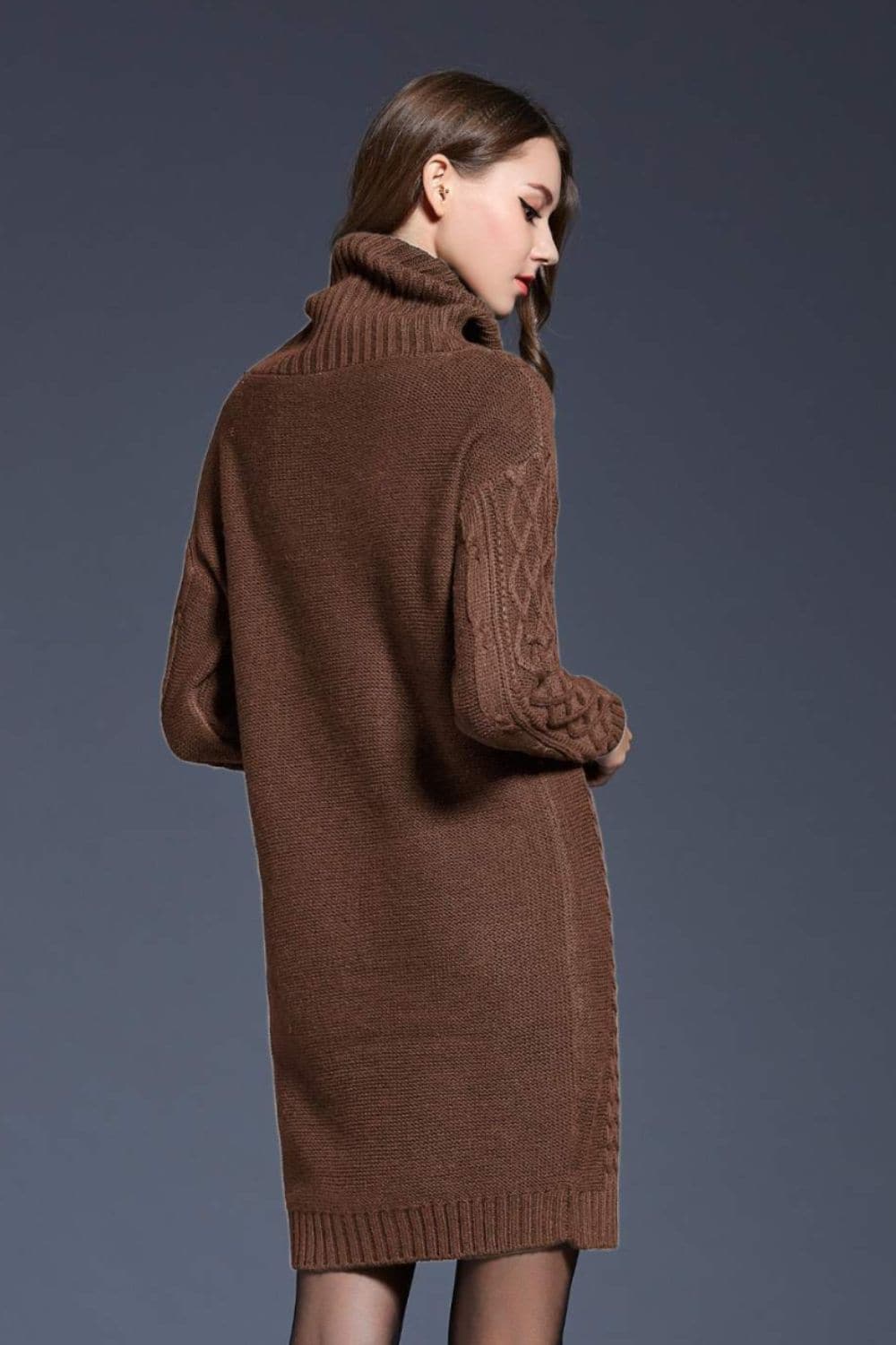 Woven Right Full Size Mixed Knit Cowl Neck Dropped Shoulder Sweater Dress.