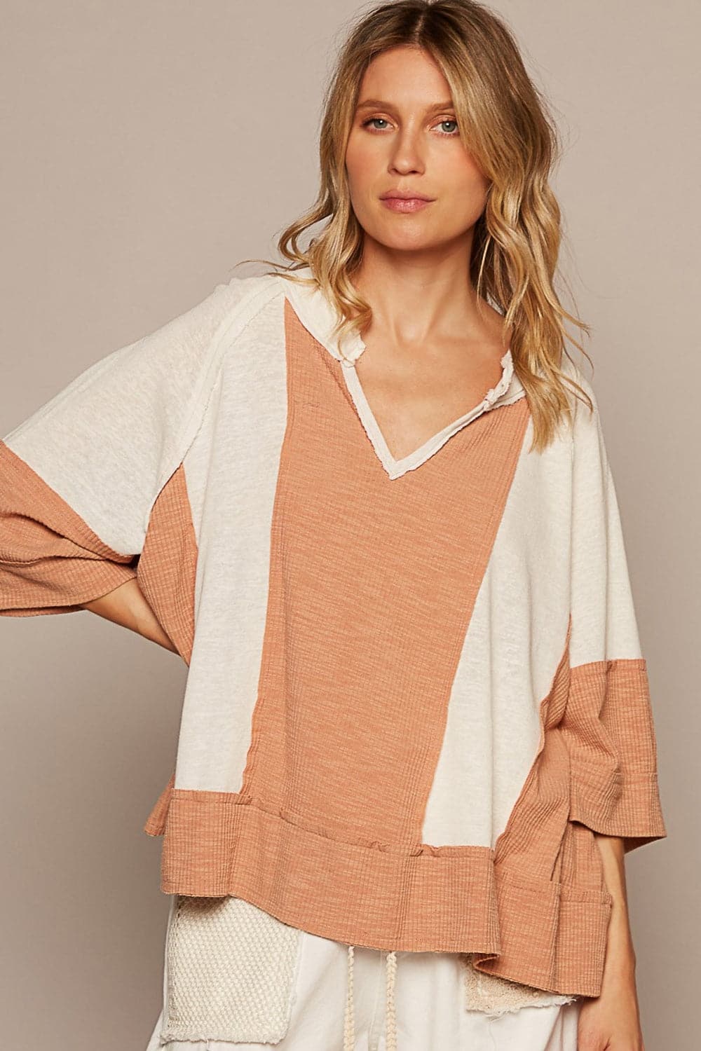 POL Notched Frayed Edge Contrast Top.