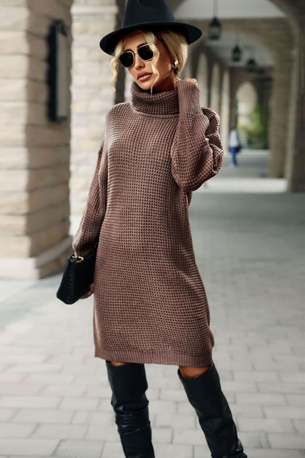 Turtleneck Dropped Shoulder Mini Sweater Dress.