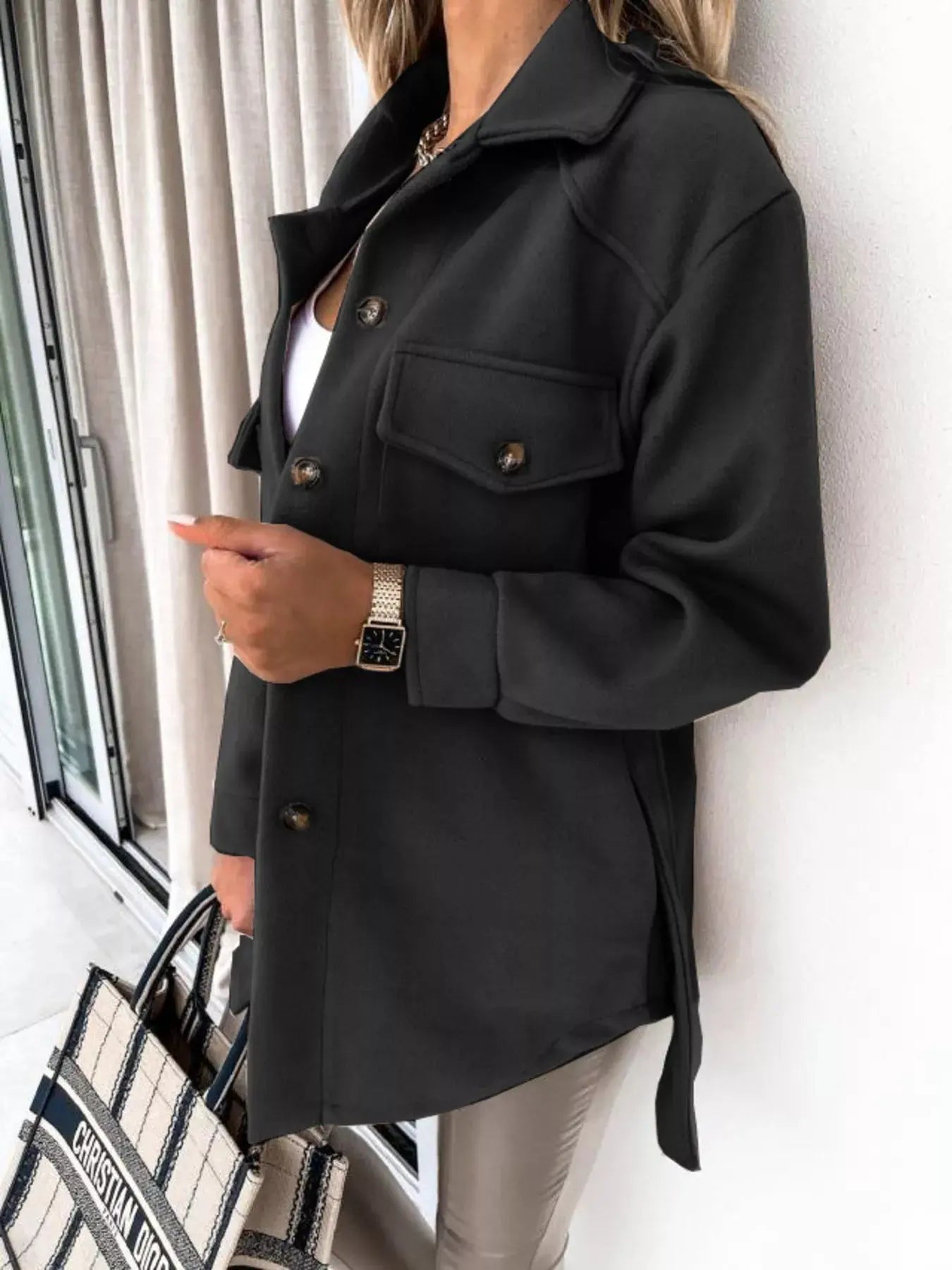 Button-Down Tie Waist Coat Simply Love