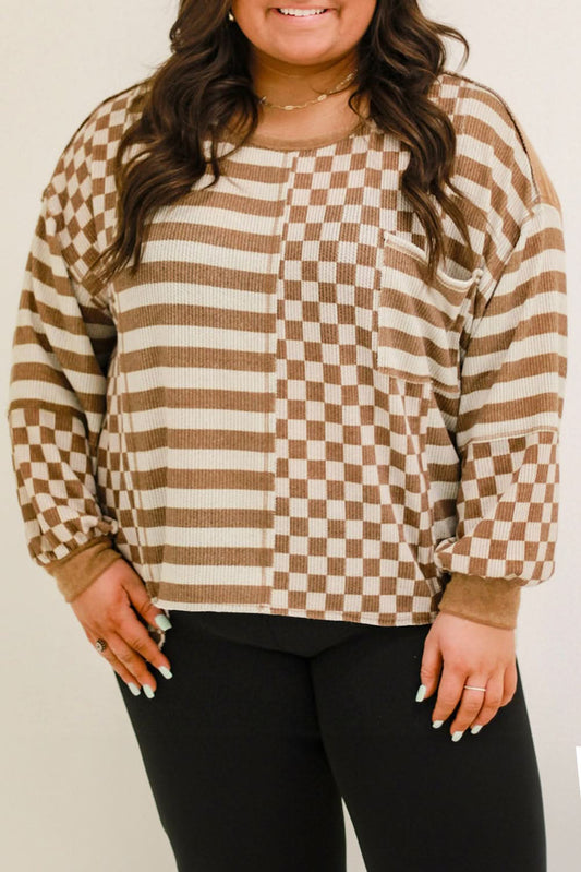 Chic plus size khaki mixed print top - Love Salve 