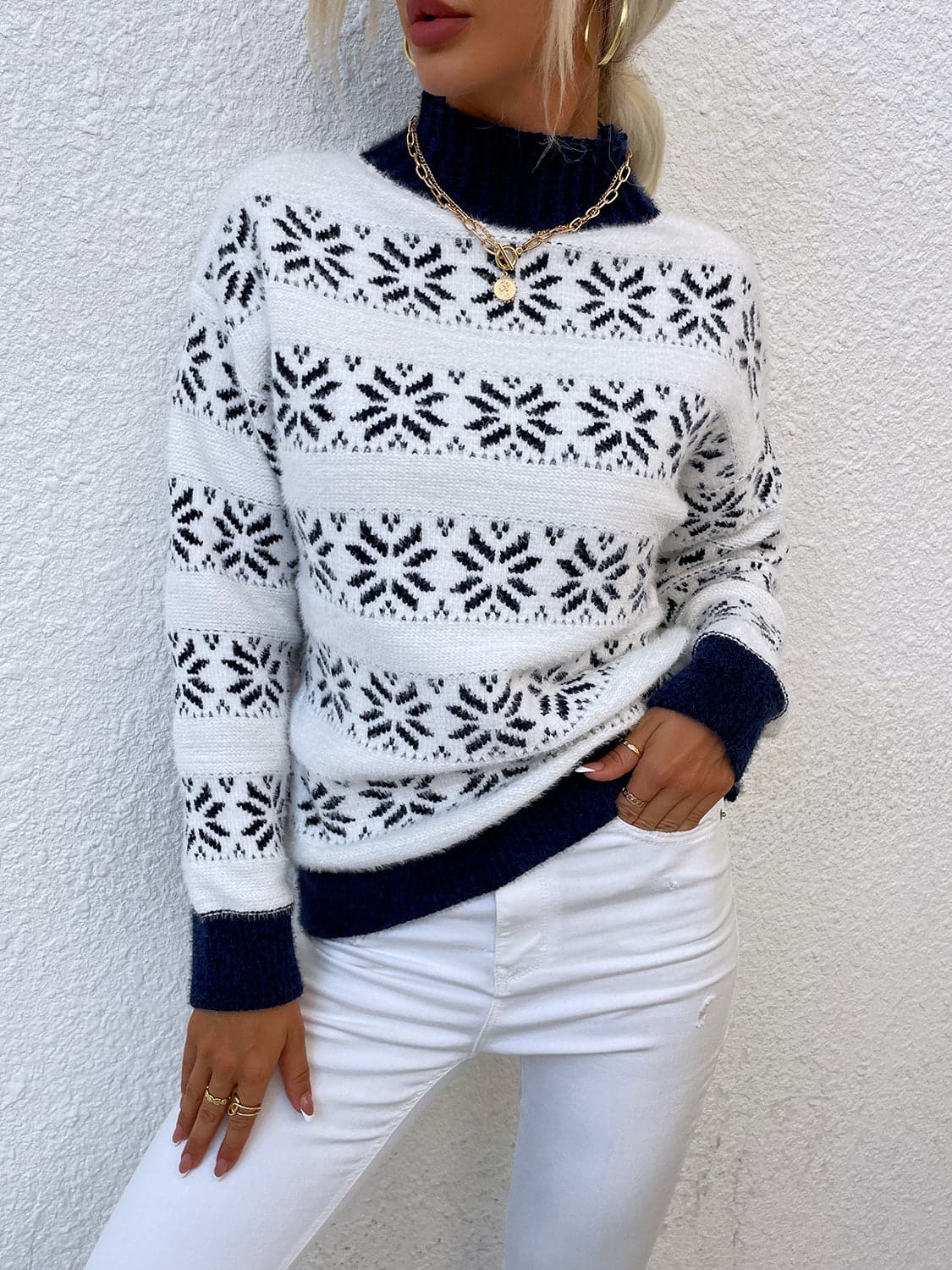 Snowflake Pattern Mock Neck Sweater.