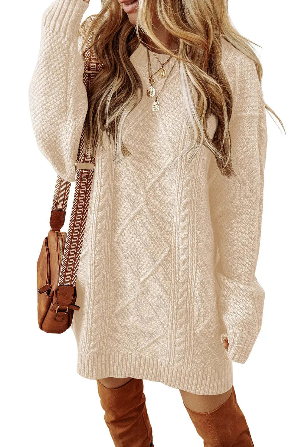 Oatmeal Cable Knit Drop Shoulder Loose Fit Sweater Dress Dear-Lover Dropshipping