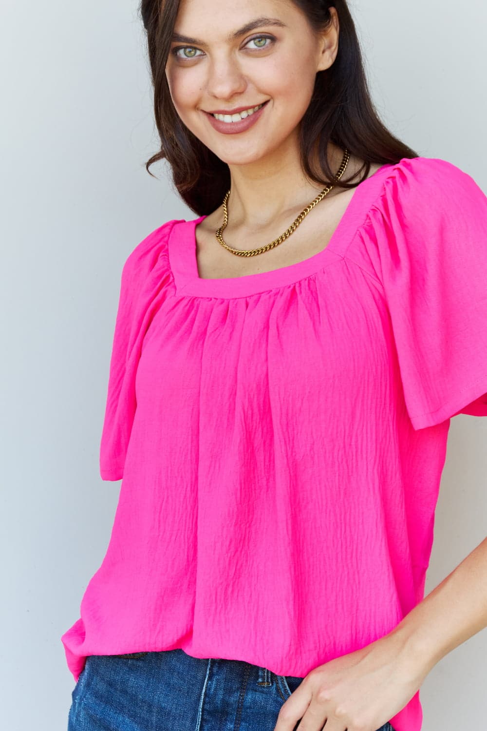 Ninexis fuchsia square neck short sleeve blouse with ruffle details