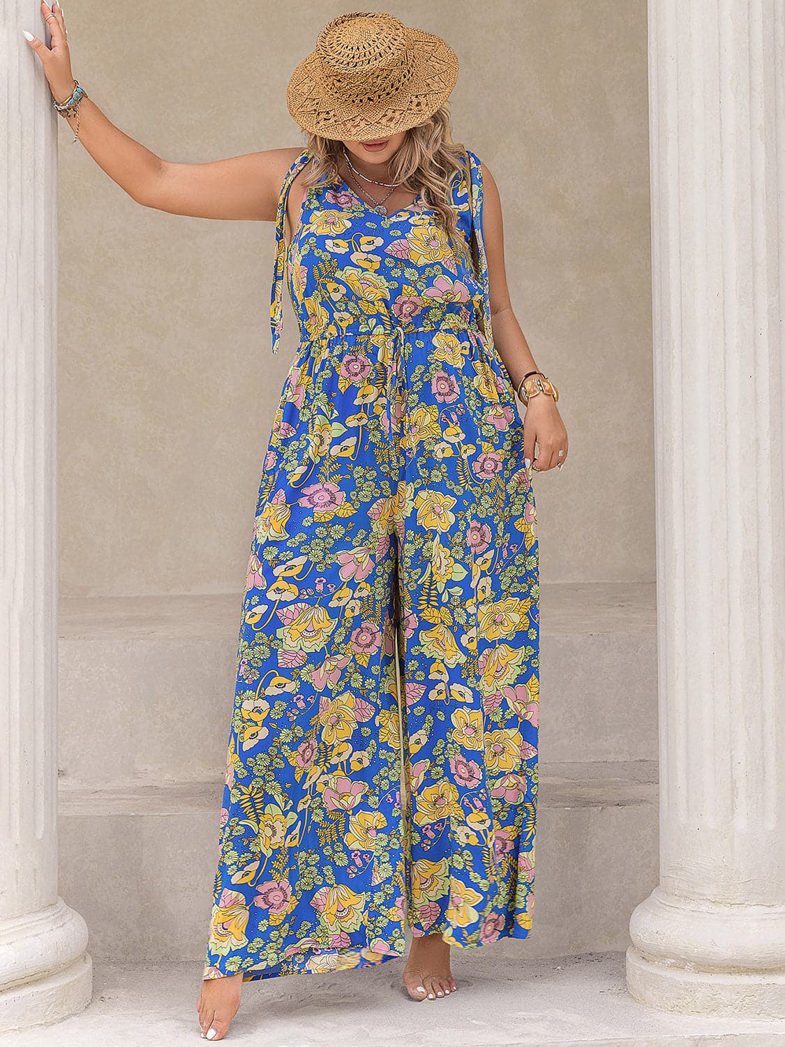 Plus Size Printed V-Neck Wide Leg Jumpsuit.