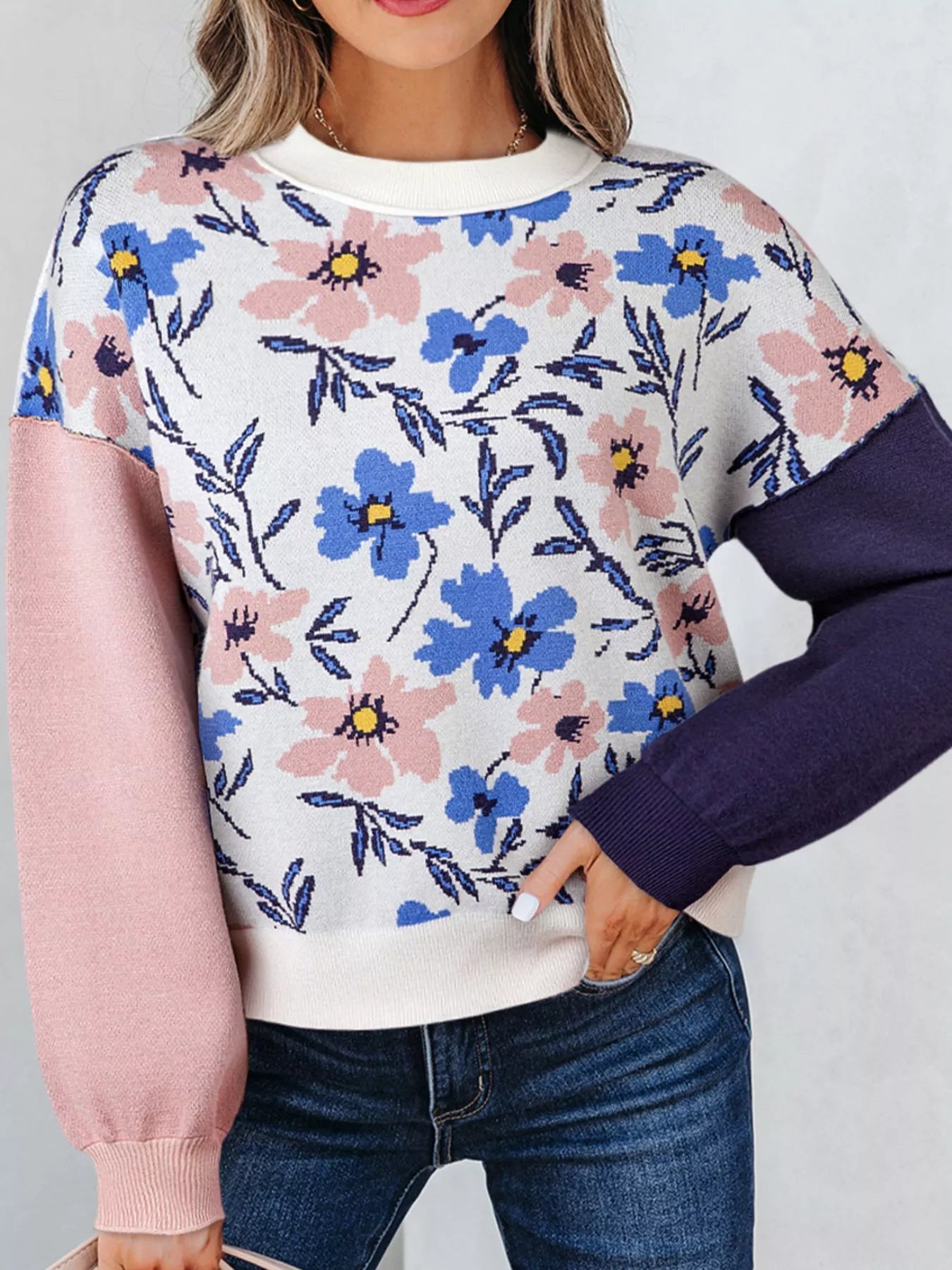Floral Panel Colorblock Sleeve Patchwork Sweater Simply Love