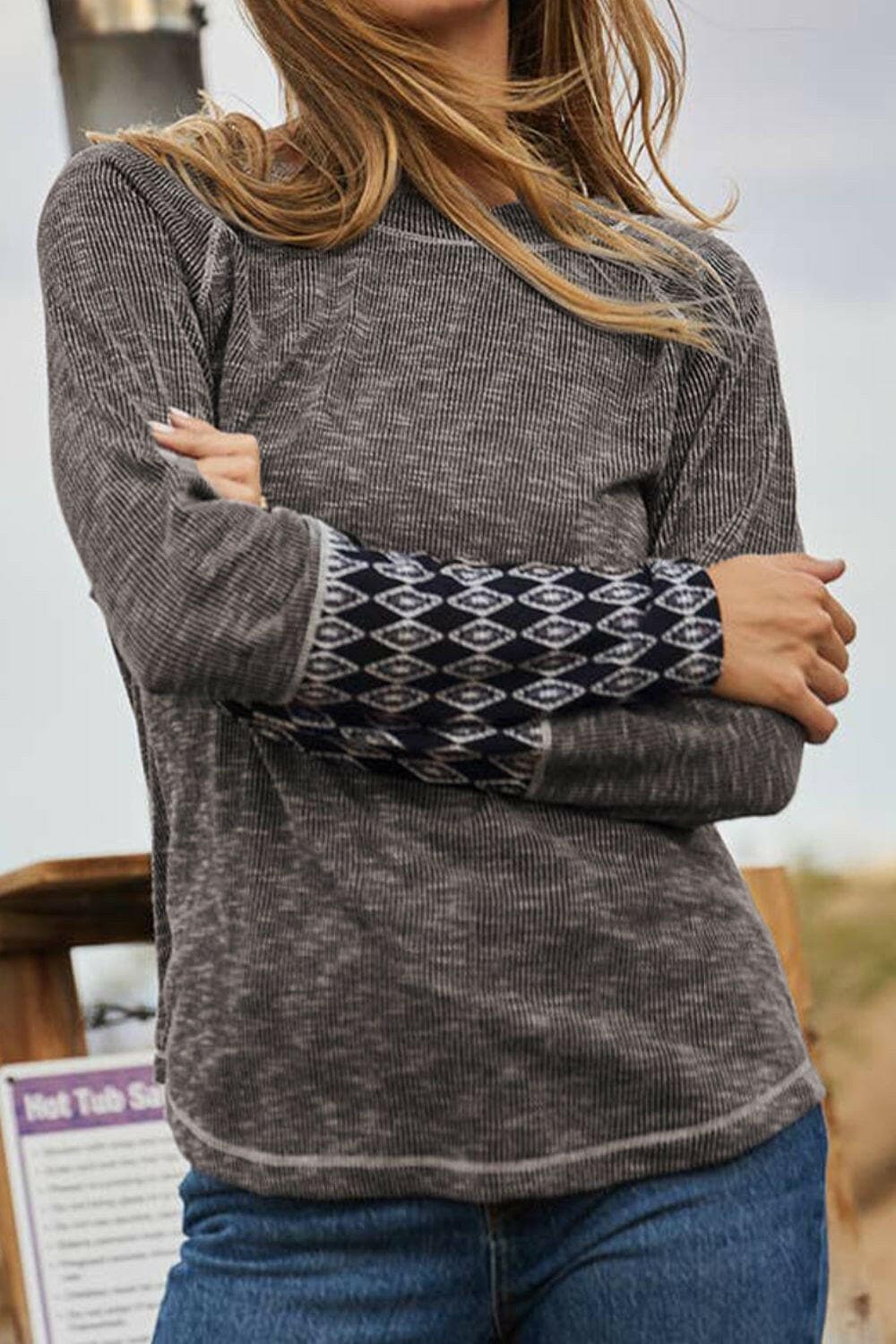 Geometric Round Neck Long Sleeve Top.