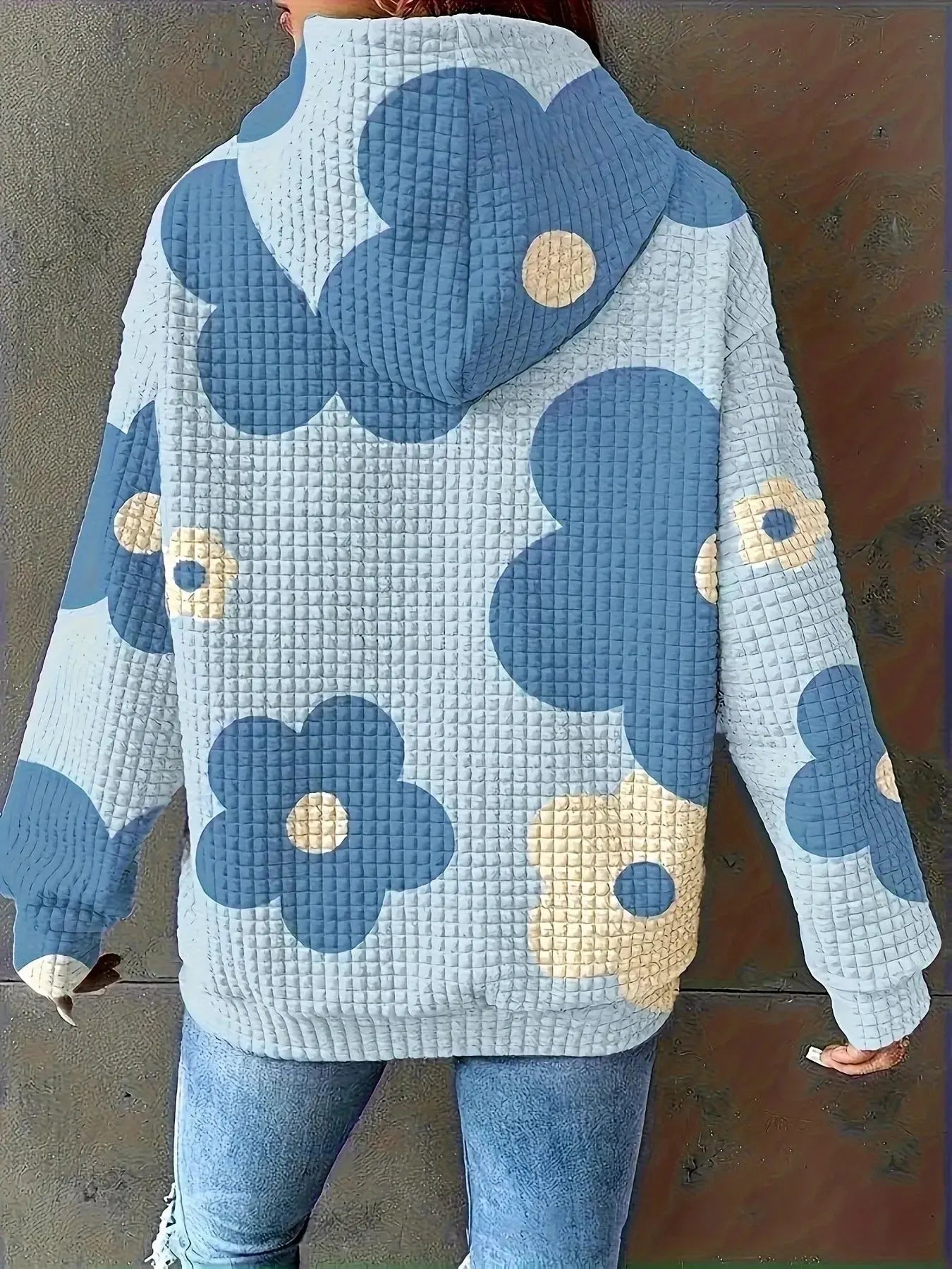 Floral Print Textured Drawstring Hoodie Simply Love