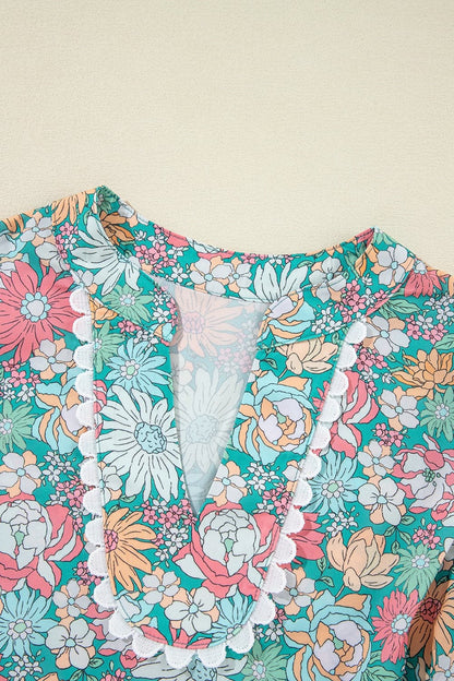 Printed Notched Short Sleeve Blouse.